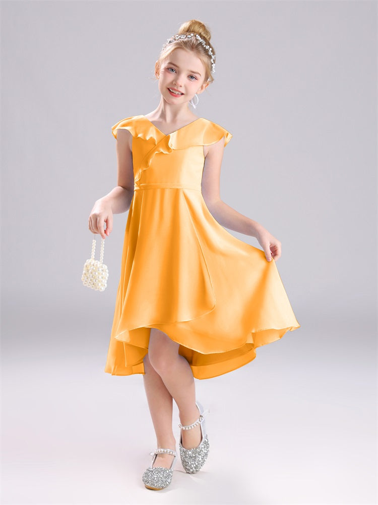 Rüschen V-Ausschnitt Tee-Länge Chiffon Junior Brautjungfernkleider