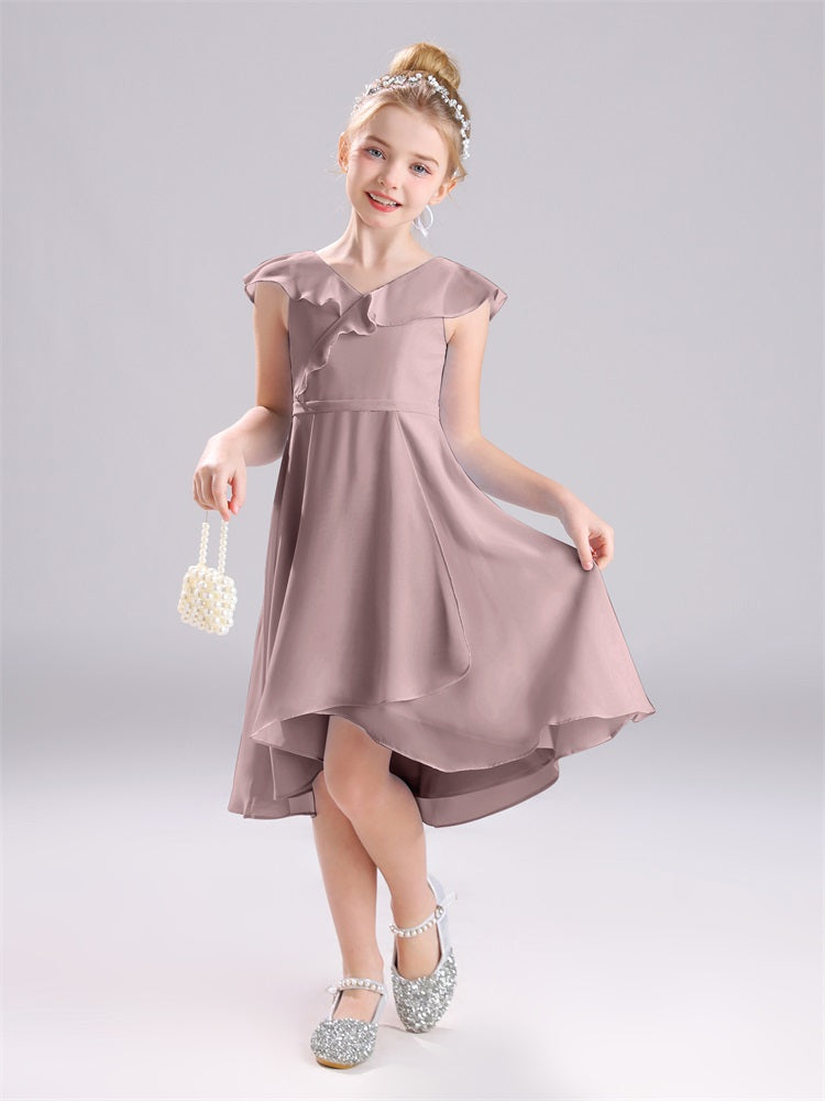 Rüschen V-Ausschnitt Tee-Länge Chiffon Junior Brautjungfernkleider