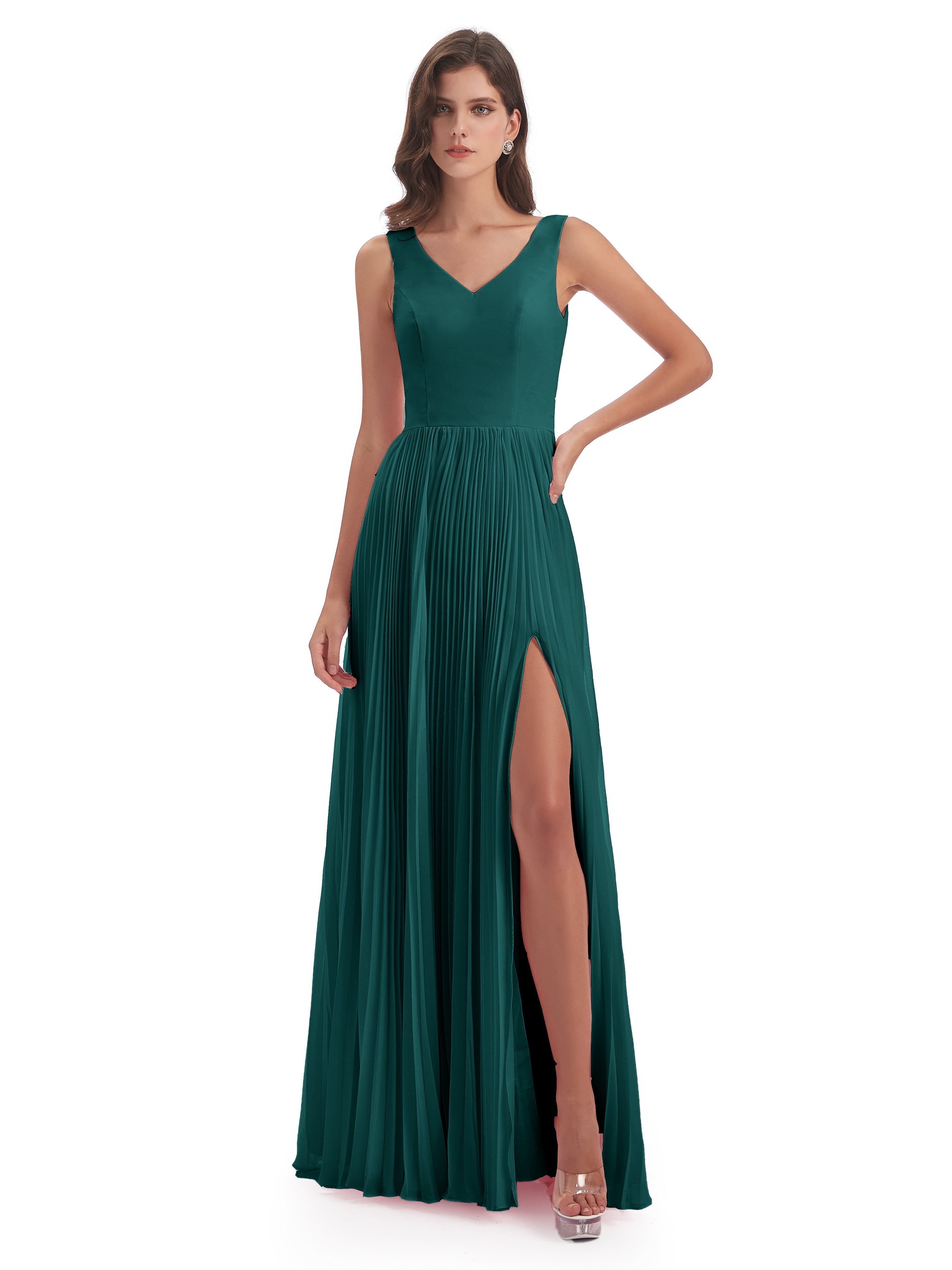 Kenya A-Linie Bodenlange V-Ausschnitt Chiffon Lange Brautjungfernkleider