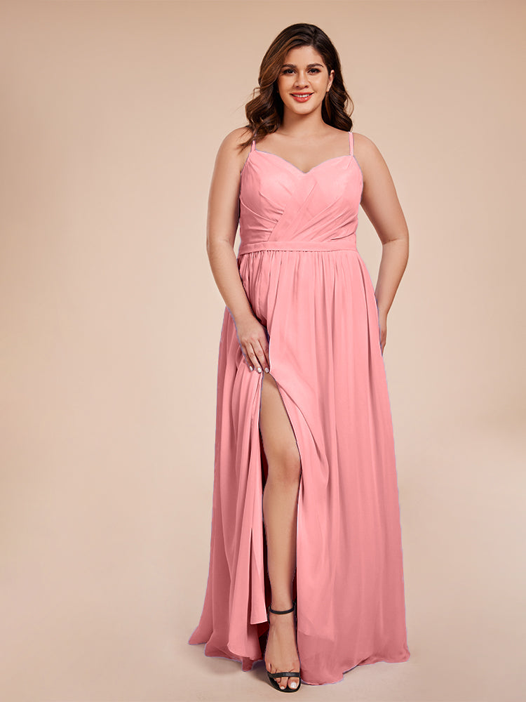 Übergröße Kimora A-Linie Bodenlange Spaghetti-Trägern Chiffon Lange Brautjungfernkleider