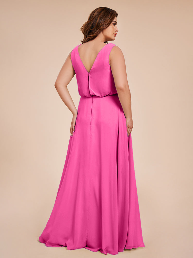 Übergröße Layla Etui-Säule Bodenlange Kapuze V-Ausschnitt Chiffon Lange Brautjungfernkleider