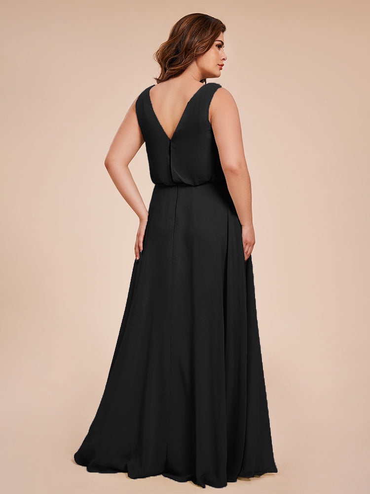 Übergröße Layla Etui-Säule Bodenlange Kapuze V-Ausschnitt Chiffon Lange Brautjungfernkleider