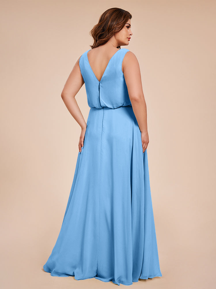 Übergröße Layla Etui-Säule Bodenlange Kapuze V-Ausschnitt Chiffon Lange Brautjungfernkleider