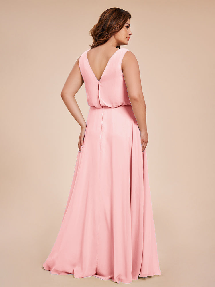 Übergröße Layla Etui-Säule Bodenlange Kapuze V-Ausschnitt Chiffon Lange Brautjungfernkleider