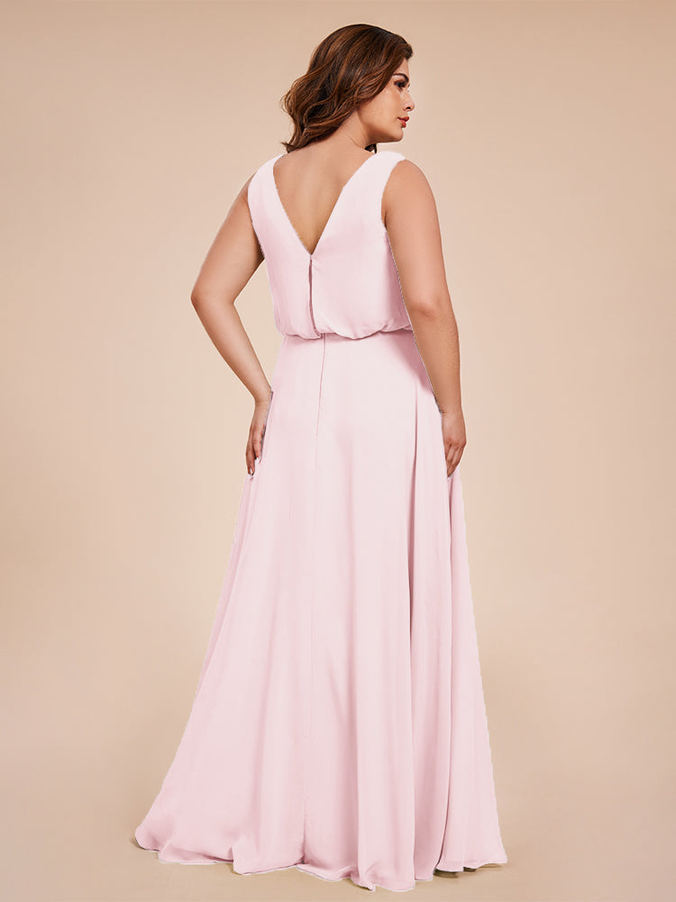 Übergröße Layla Etui-Säule Bodenlange Kapuze V-Ausschnitt Chiffon Lange Brautjungfernkleider