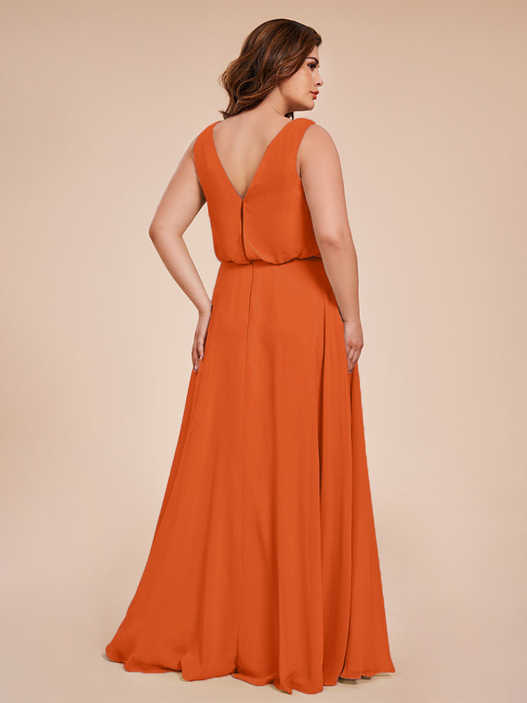 Übergröße Layla Etui-Säule Bodenlange Kapuze V-Ausschnitt Chiffon Lange Brautjungfernkleider