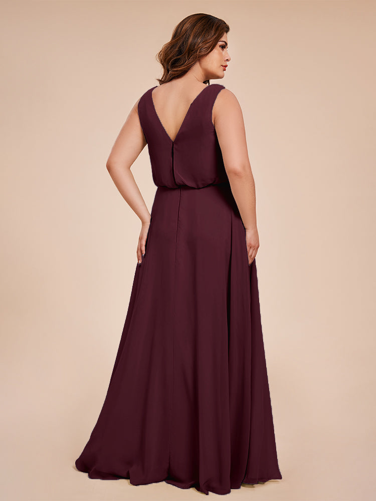 Übergröße Layla Etui-Säule Bodenlange Kapuze V-Ausschnitt Chiffon Lange Brautjungfernkleider