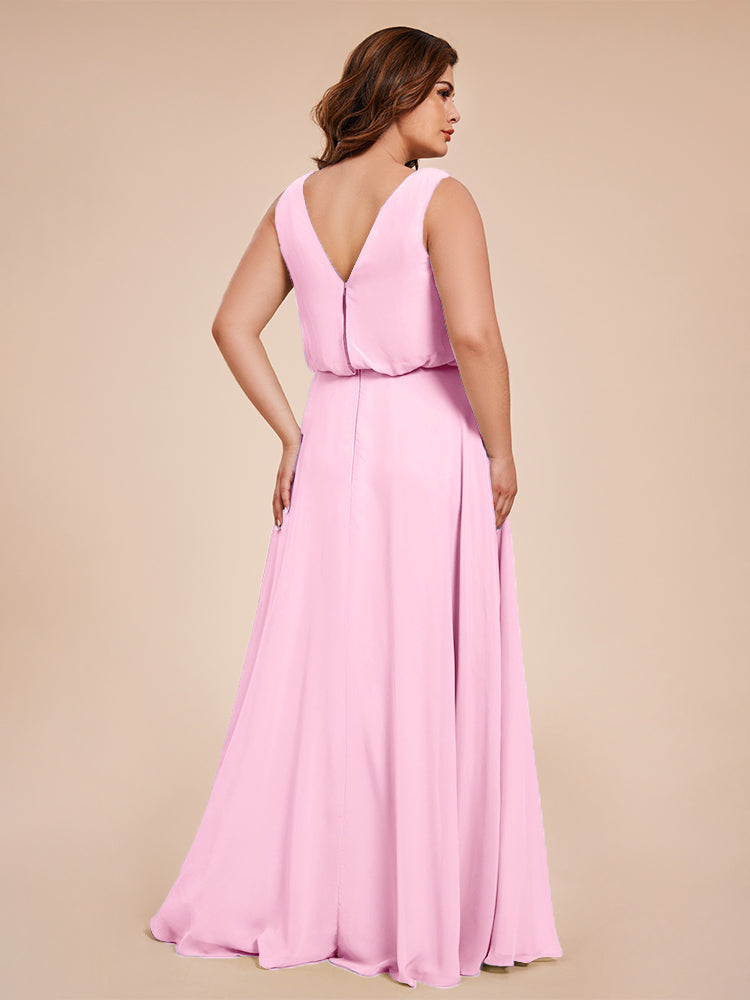 Übergröße Layla Etui-Säule Bodenlange Kapuze V-Ausschnitt Chiffon Lange Brautjungfernkleider