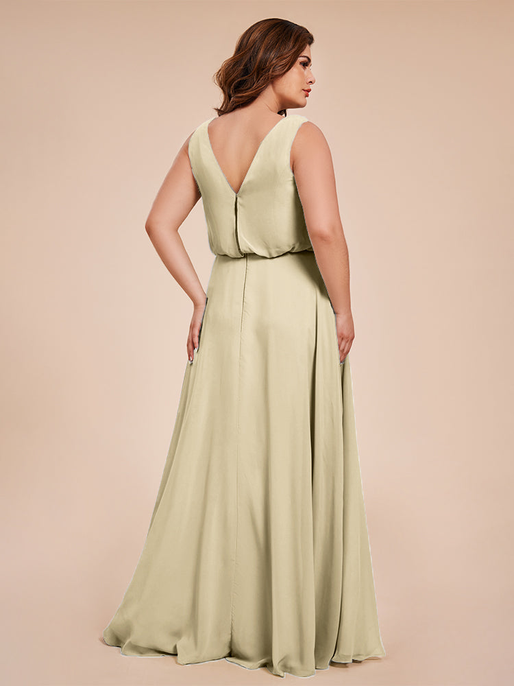 Übergröße Layla Etui-Säule Bodenlange Kapuze V-Ausschnitt Chiffon Lange Brautjungfernkleider