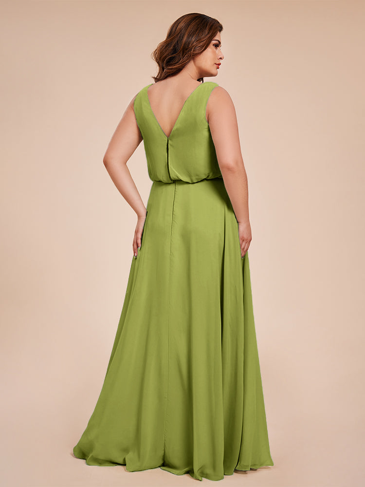 Übergröße Layla Etui-Säule Bodenlange Kapuze V-Ausschnitt Chiffon Lange Brautjungfernkleider