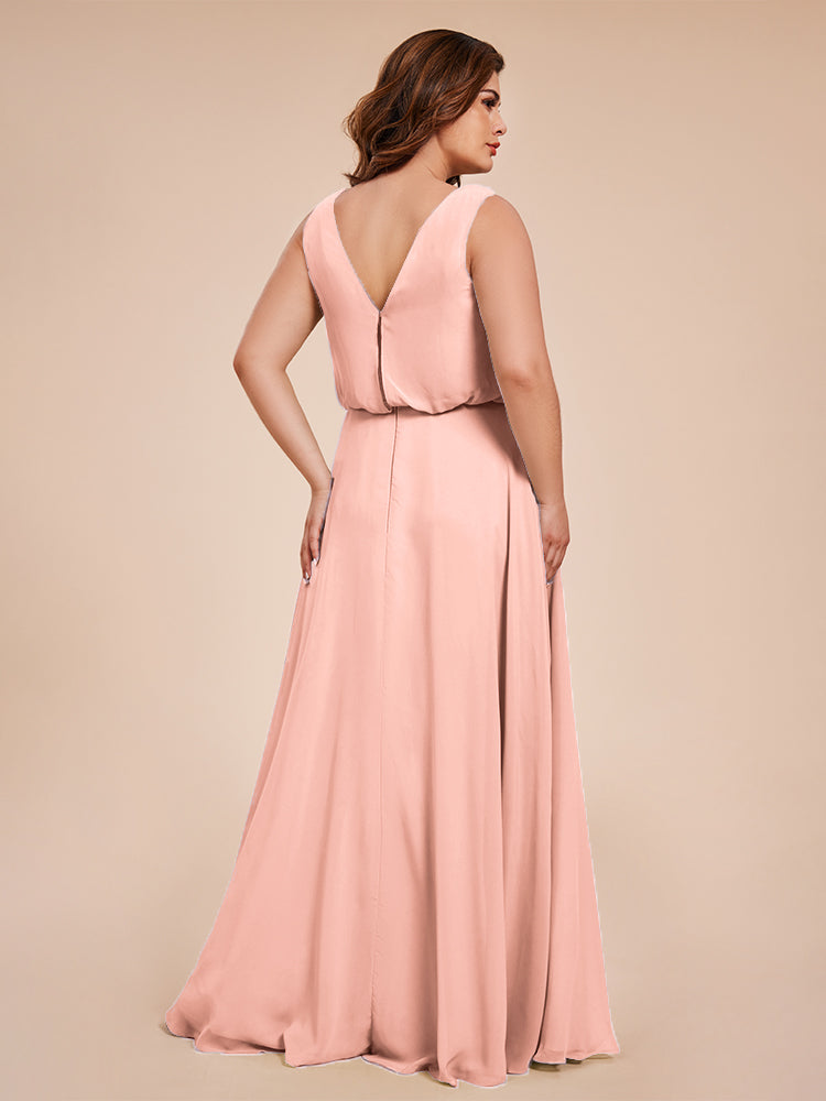 Übergröße Layla Etui-Säule Bodenlange Kapuze V-Ausschnitt Chiffon Lange Brautjungfernkleider