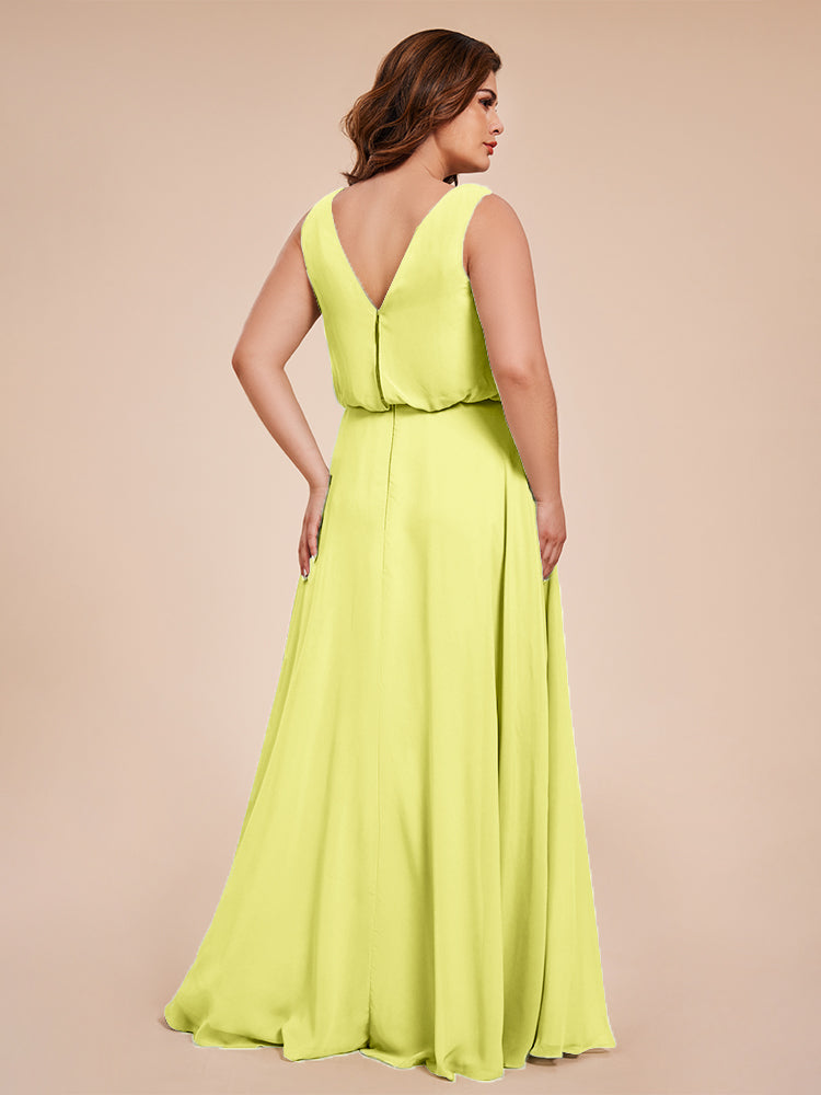 Übergröße Layla Etui-Säule Bodenlange Kapuze V-Ausschnitt Chiffon Lange Brautjungfernkleider