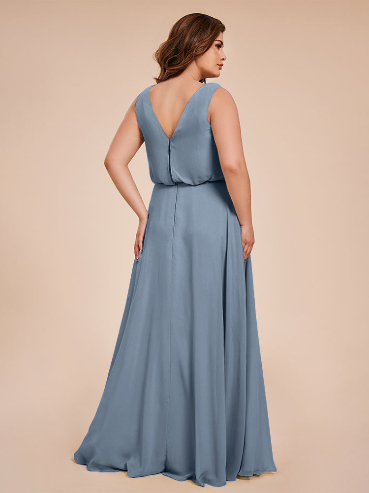 Übergröße Layla Etui-Säule Bodenlange Kapuze V-Ausschnitt Chiffon Lange Brautjungfernkleider