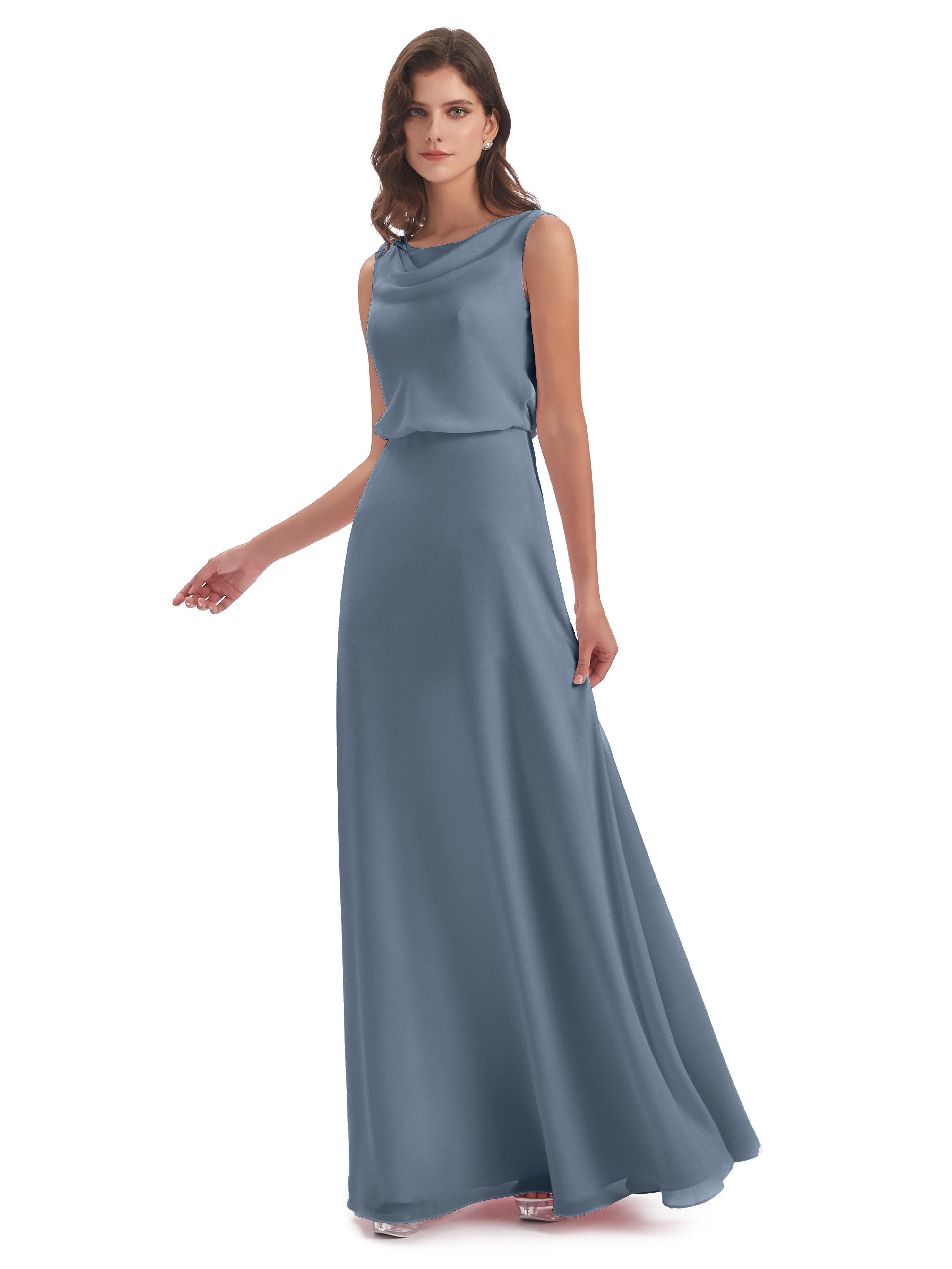 Layla Etui-Säule Bodenlange Kapuze V-Ausschnitt Chiffon Lange Brautjungfernkleider