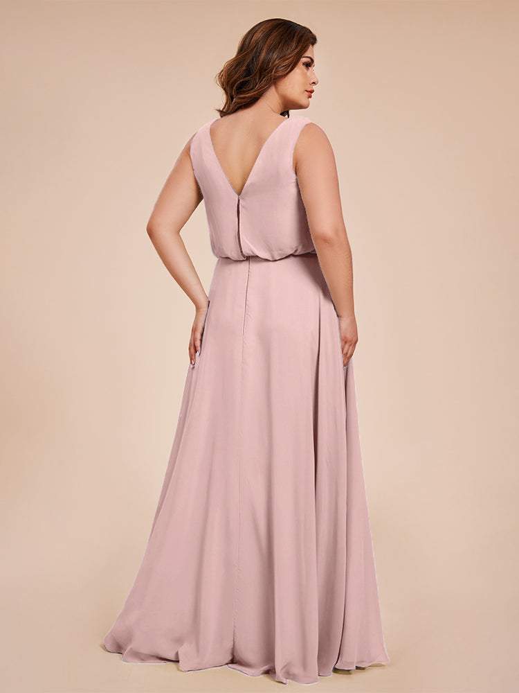 Übergröße Layla Etui-Säule Bodenlange Kapuze V-Ausschnitt Chiffon Lange Brautjungfernkleider