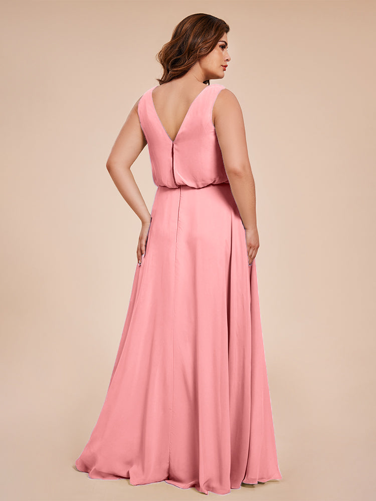 Übergröße Layla Etui-Säule Bodenlange Kapuze V-Ausschnitt Chiffon Lange Brautjungfernkleider