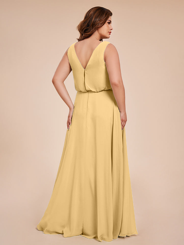 Übergröße Layla Etui-Säule Bodenlange Kapuze V-Ausschnitt Chiffon Lange Brautjungfernkleider