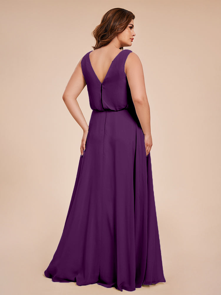 Übergröße Layla Etui-Säule Bodenlange Kapuze V-Ausschnitt Chiffon Lange Brautjungfernkleider