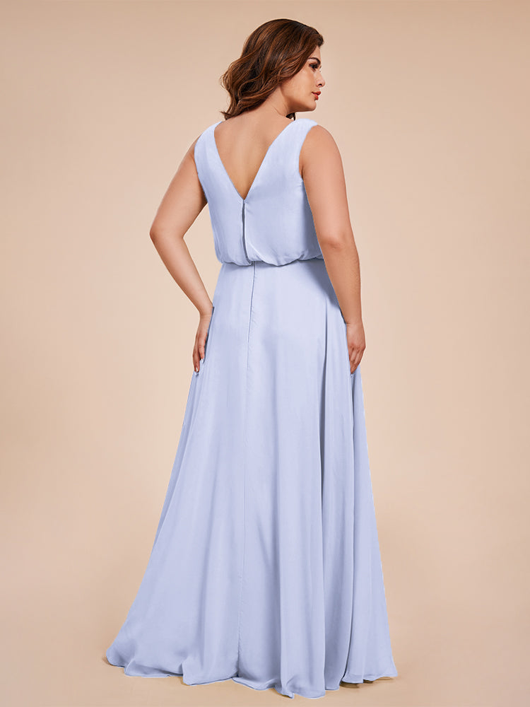 Übergröße Layla Etui-Säule Bodenlange Kapuze V-Ausschnitt Chiffon Lange Brautjungfernkleider