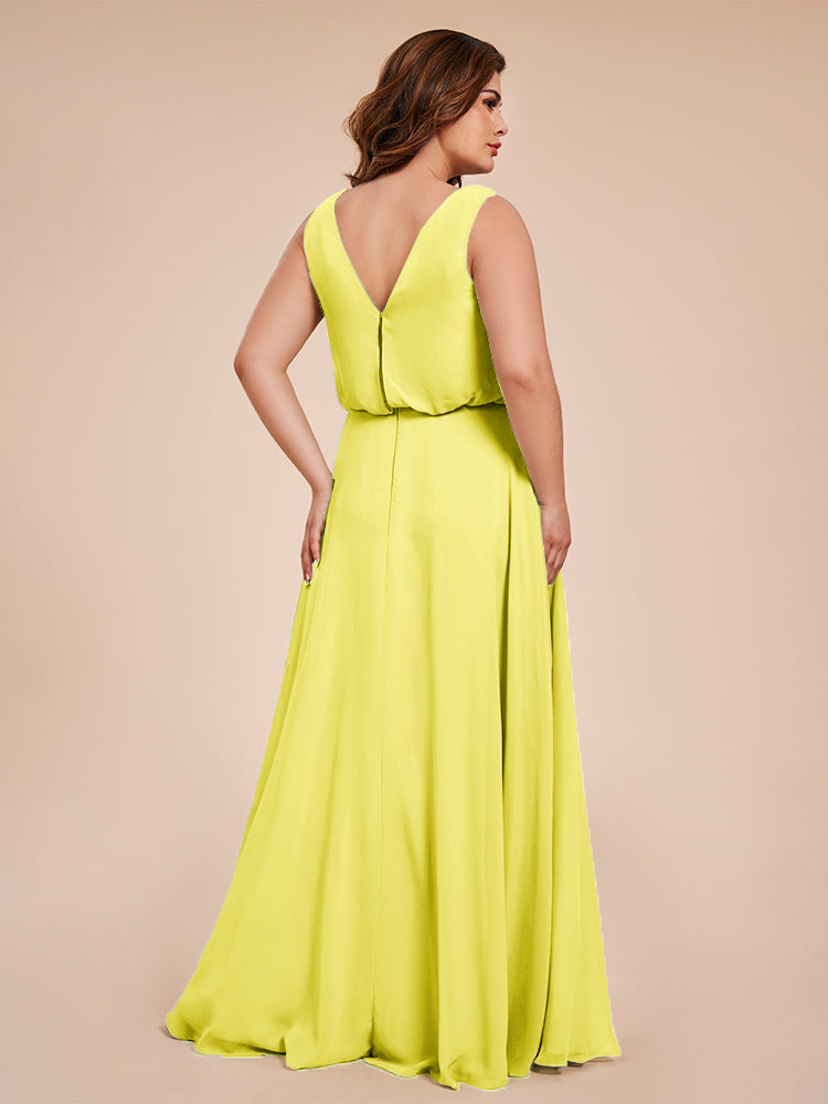 Übergröße Layla Etui-Säule Bodenlange Kapuze V-Ausschnitt Chiffon Lange Brautjungfernkleider