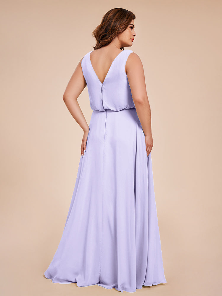 Übergröße Layla Etui-Säule Bodenlange Kapuze V-Ausschnitt Chiffon Lange Brautjungfernkleider