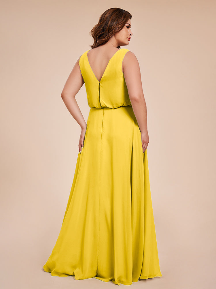 Übergröße Layla Etui-Säule Bodenlange Kapuze V-Ausschnitt Chiffon Lange Brautjungfernkleider