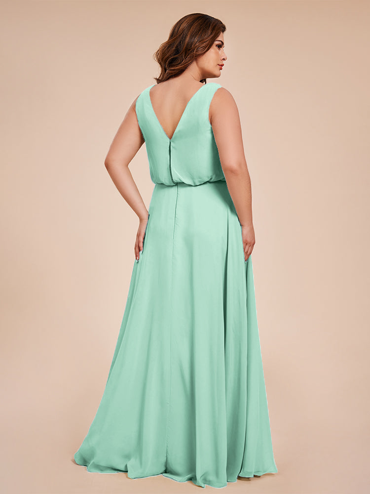 Übergröße Layla Etui-Säule Bodenlange Kapuze V-Ausschnitt Chiffon Lange Brautjungfernkleider