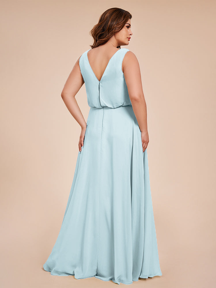 Übergröße Layla Etui-Säule Bodenlange Kapuze V-Ausschnitt Chiffon Lange Brautjungfernkleider