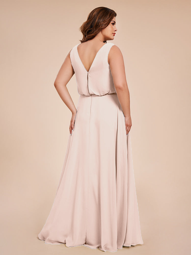 Übergröße Layla Etui-Säule Bodenlange Kapuze V-Ausschnitt Chiffon Lange Brautjungfernkleider