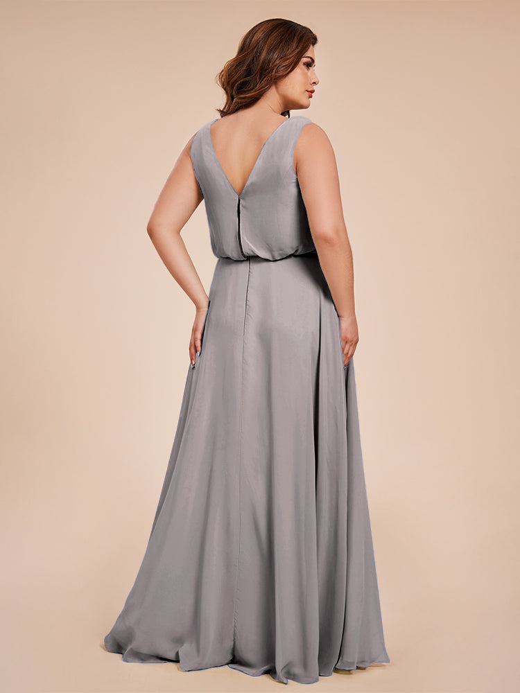 Übergröße Layla Etui-Säule Bodenlange Kapuze V-Ausschnitt Chiffon Lange Brautjungfernkleider