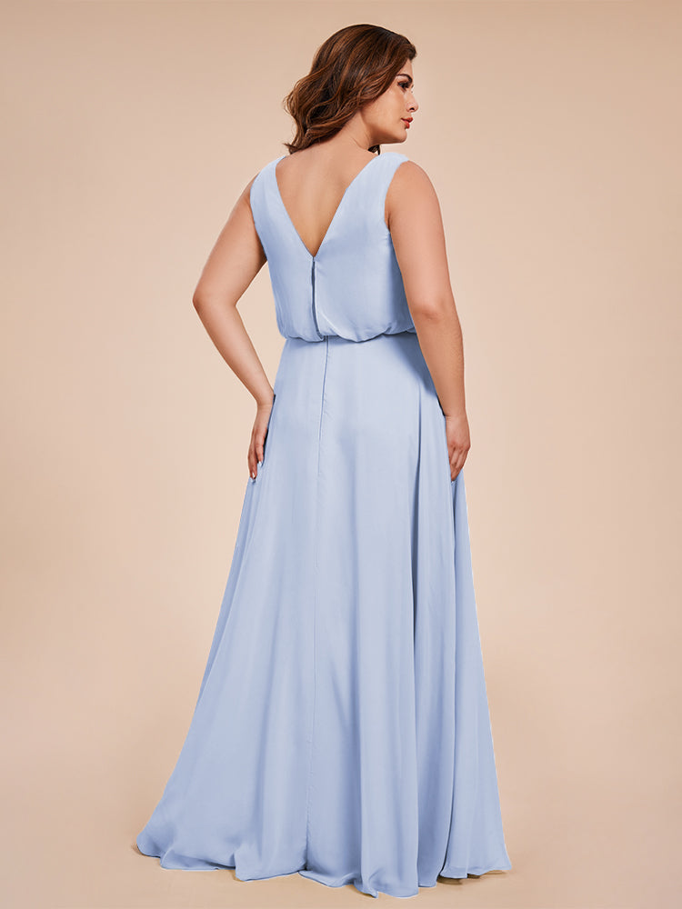 Übergröße Layla Etui-Säule Bodenlange Kapuze V-Ausschnitt Chiffon Lange Brautjungfernkleider