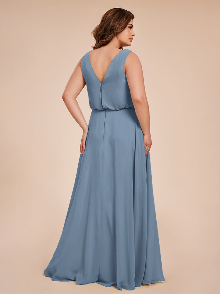 Übergröße Layla Etui-Säule Bodenlange Kapuze V-Ausschnitt Chiffon Lange Brautjungfernkleider