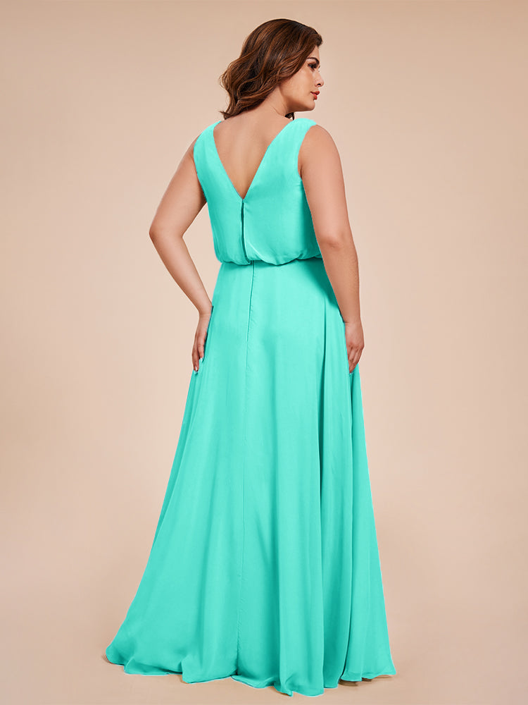 Übergröße Layla Etui-Säule Bodenlange Kapuze V-Ausschnitt Chiffon Lange Brautjungfernkleider