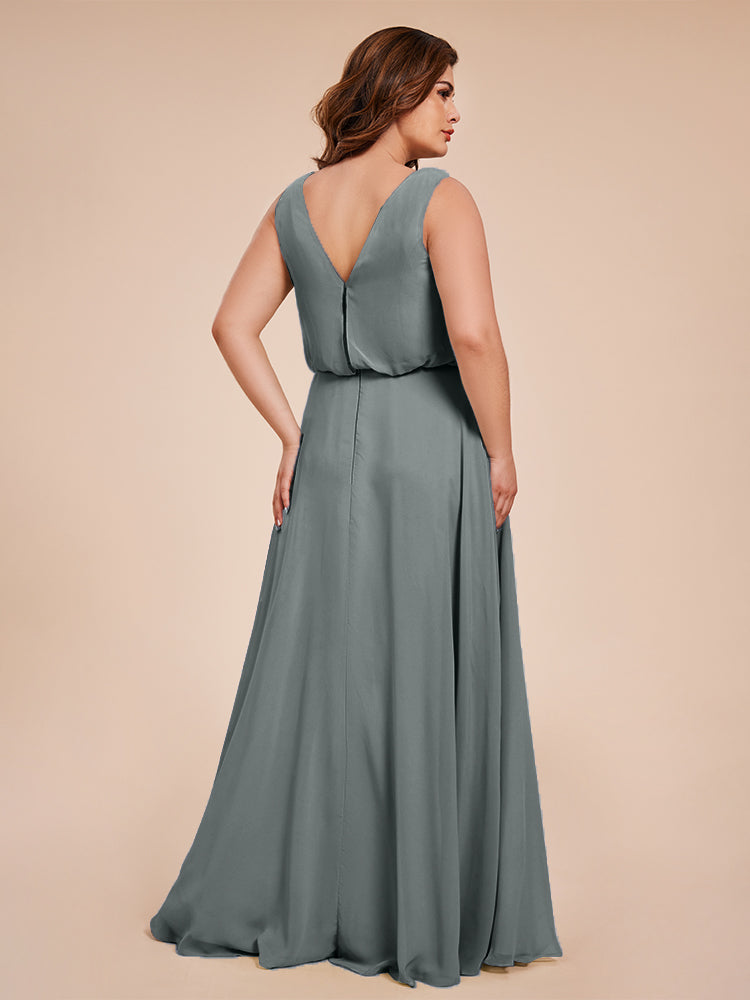 Übergröße Layla Etui-Säule Bodenlange Kapuze V-Ausschnitt Chiffon Lange Brautjungfernkleider