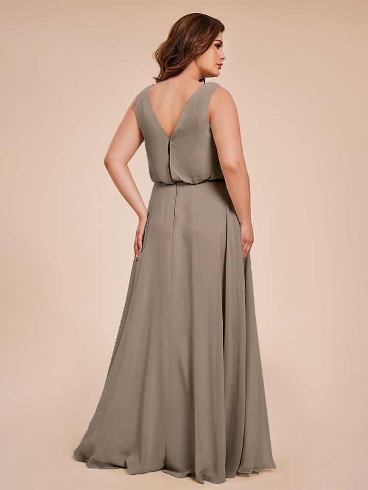 Übergröße Layla Etui-Säule Bodenlange Kapuze V-Ausschnitt Chiffon Lange Brautjungfernkleider