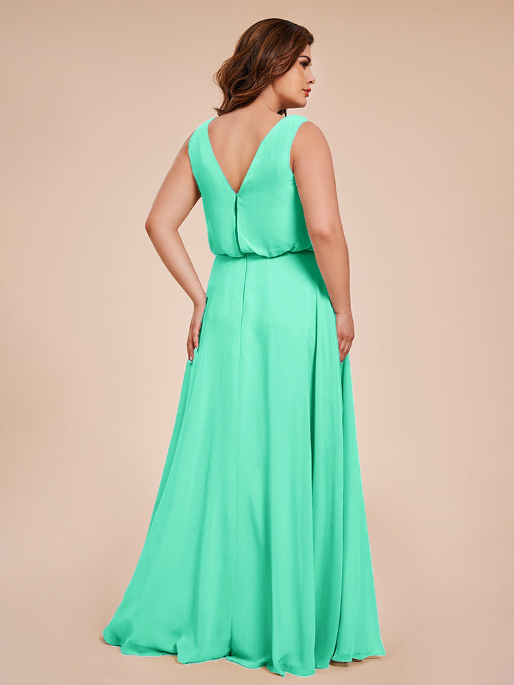 Übergröße Layla Etui-Säule Bodenlange Kapuze V-Ausschnitt Chiffon Lange Brautjungfernkleider