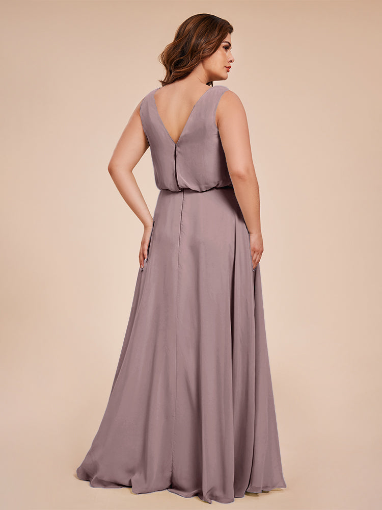 Übergröße Layla Etui-Säule Bodenlange Kapuze V-Ausschnitt Chiffon Lange Brautjungfernkleider