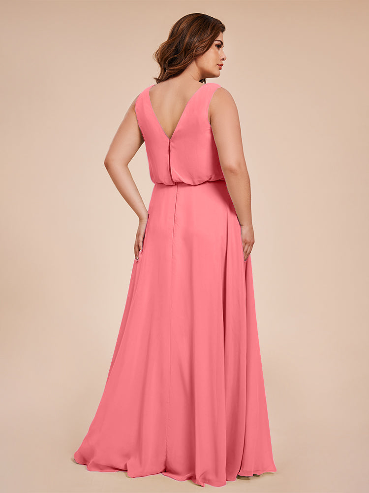 Übergröße Layla Etui-Säule Bodenlange Kapuze V-Ausschnitt Chiffon Lange Brautjungfernkleider