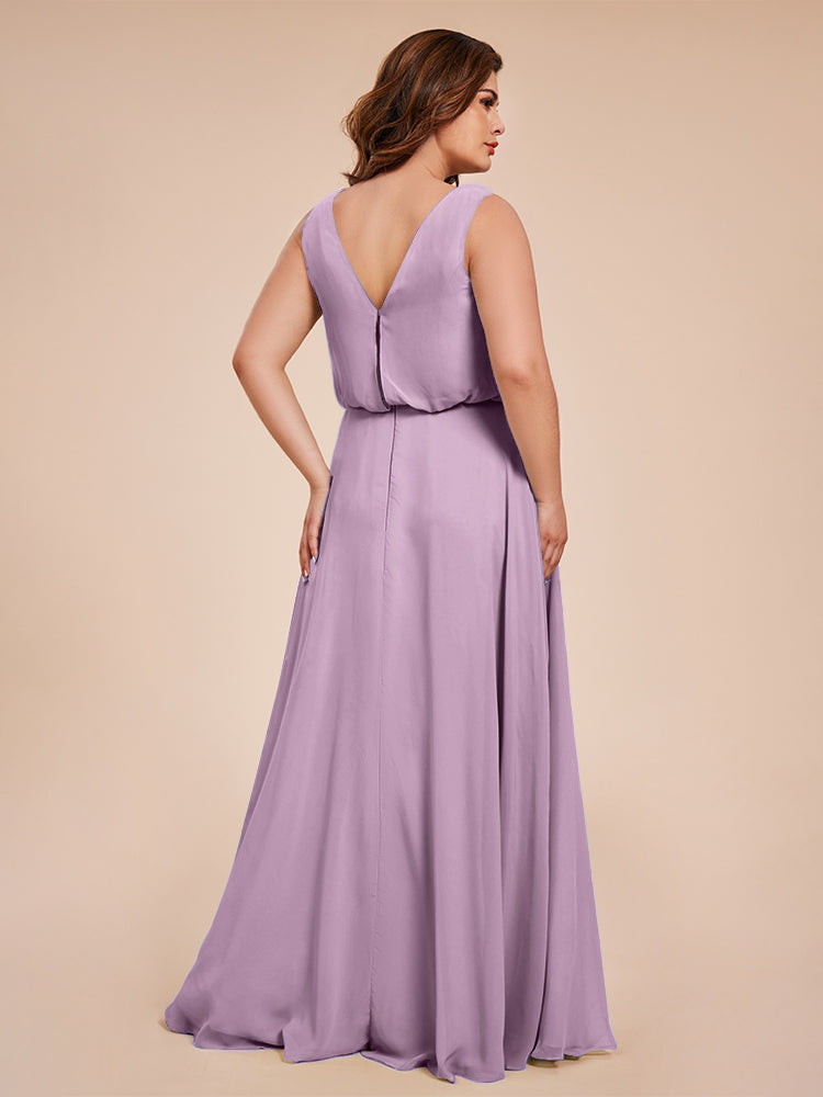 Übergröße Layla Etui-Säule Bodenlange Kapuze V-Ausschnitt Chiffon Lange Brautjungfernkleider