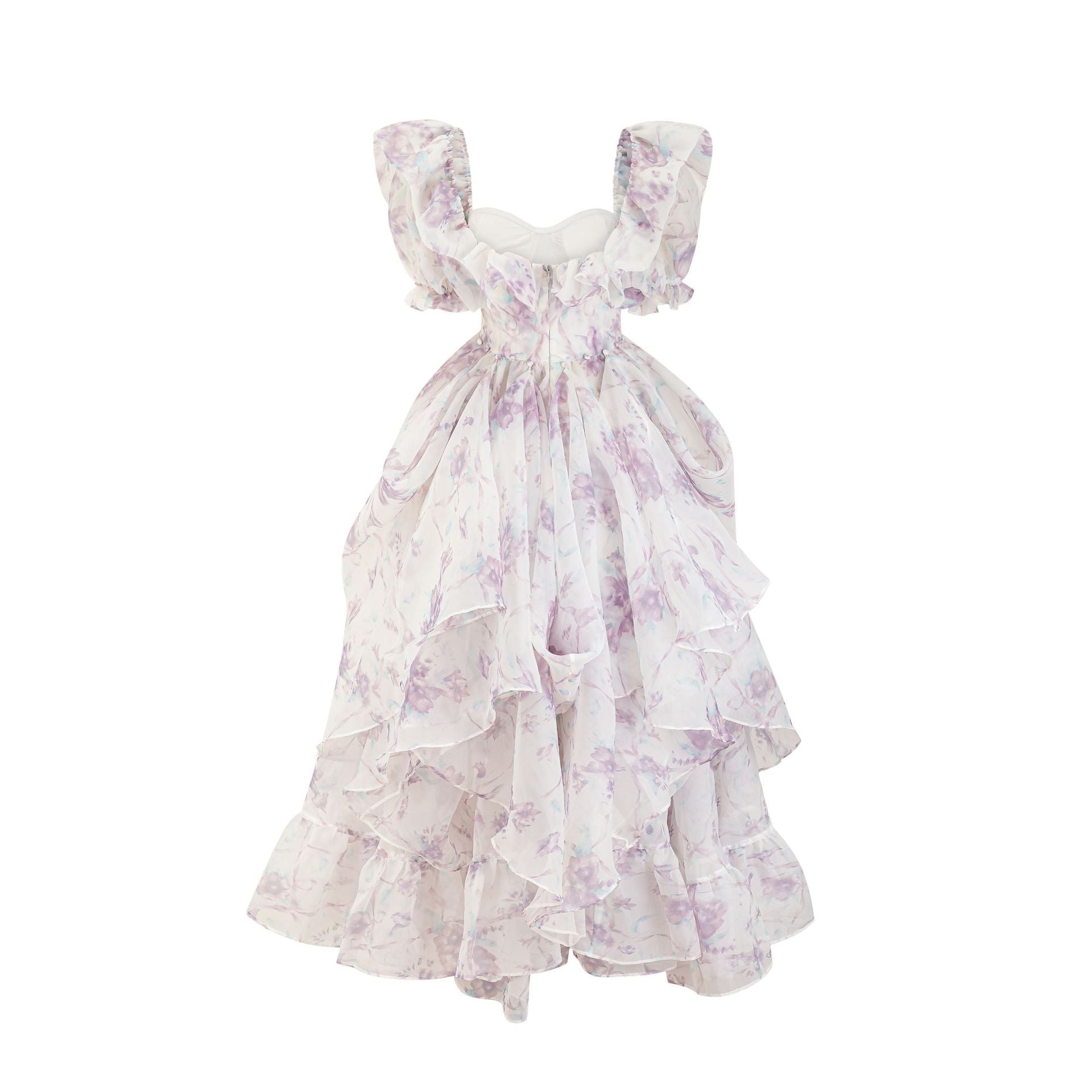 Lila Fairytale Kurze Puffärmel Floral Bedruckt Rüschen Split Brautjungfernkleider
