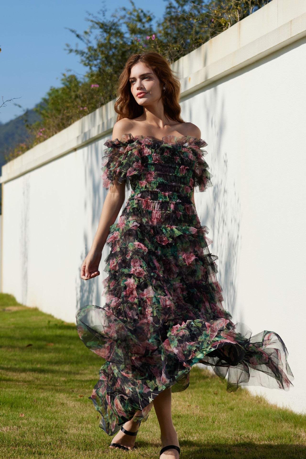 Schwarz Romantisch Rüsche Aus der Schulter Floral Tüll Hochzeit Gastkleider