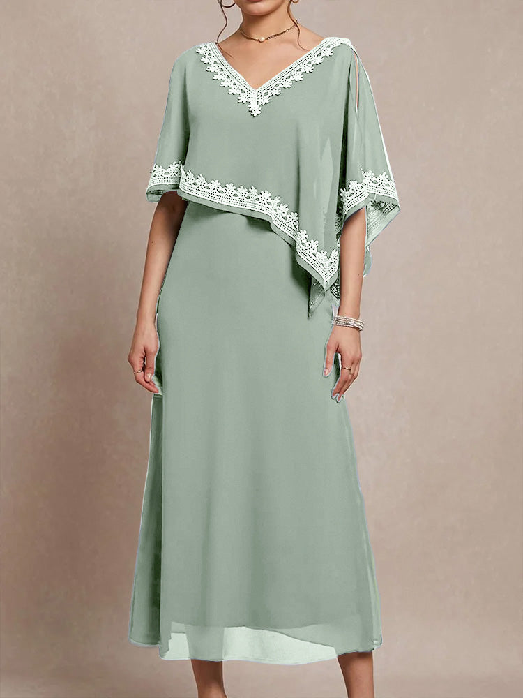 Halbe Ärmel V-Ausschnitt Tee Länge verschönert Cape Chiffon Mutter der Braut Kleid