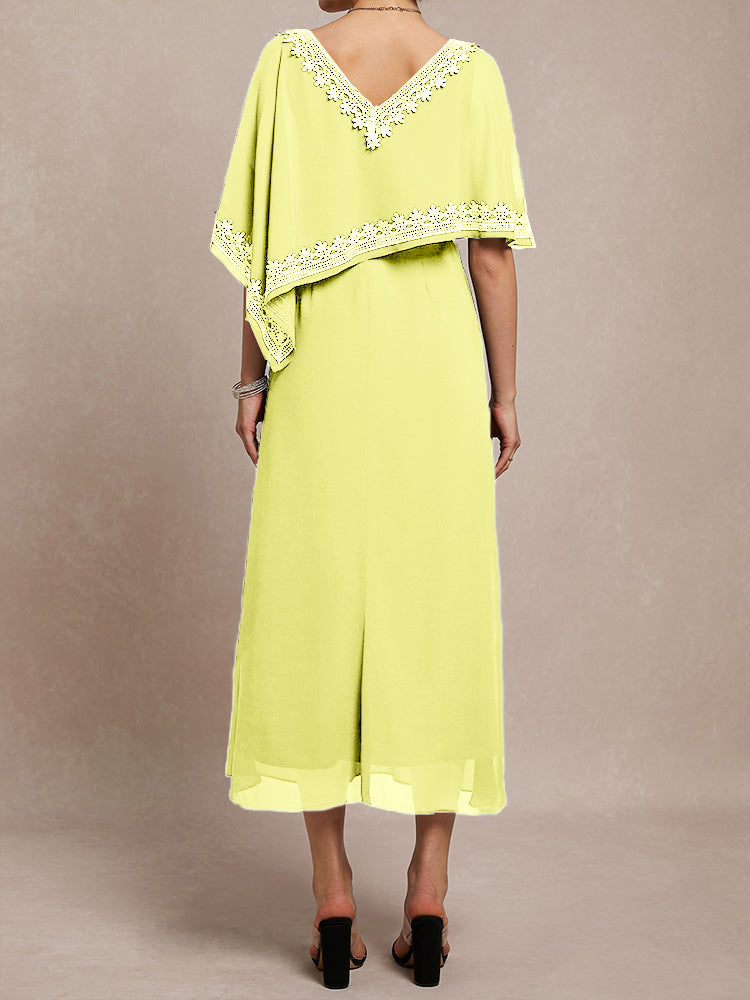 Halbe Ärmel V-Ausschnitt Tee Länge verschönert Cape Chiffon Mutter der Braut Kleid