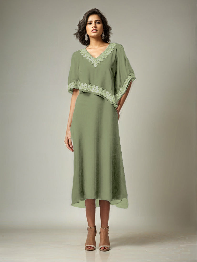 Halbe Ärmel V-Ausschnitt Tee Länge verschönert Cape Chiffon Mutter der Braut Kleid