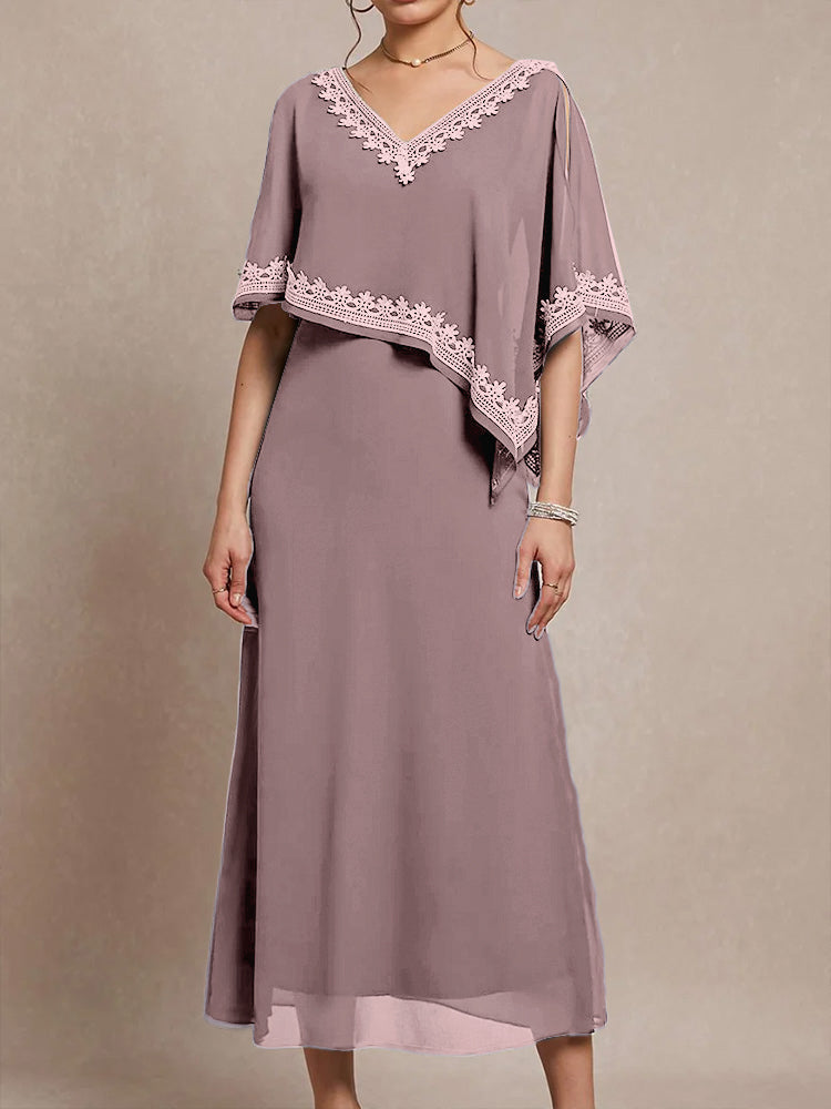 Halbe Ärmel V-Ausschnitt Tee Länge verschönert Cape Chiffon Mutter der Braut Kleid