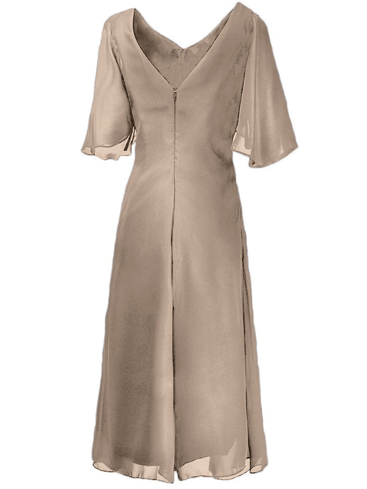 Schwarz Kurzer Ärmel Strass geraffte Chiffon Mutter der Braut Kleid