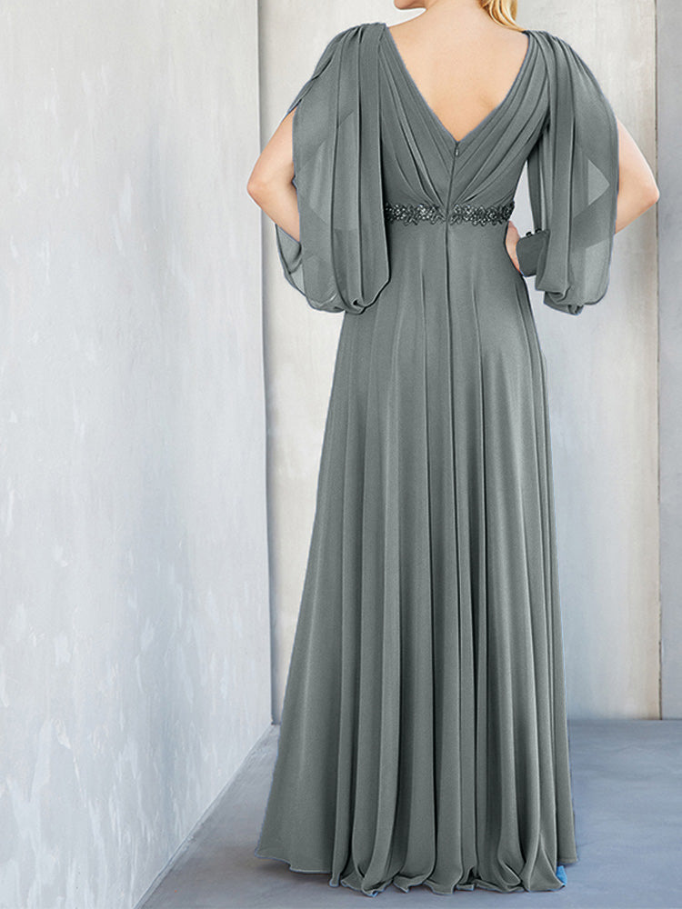 Lange Ärmel V-Ausschnitt Chiffon Perlen Taille Mutter der Braut Kleid