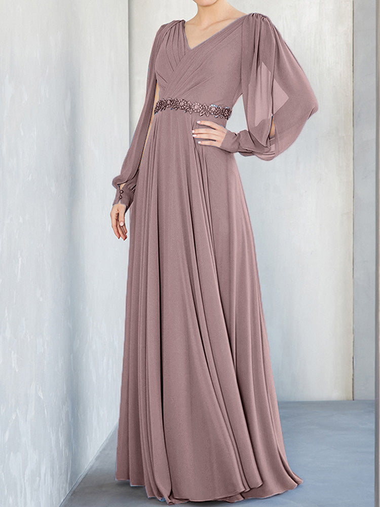 Lange Ärmel V-Ausschnitt Chiffon Perlen Taille Mutter der Braut Kleid