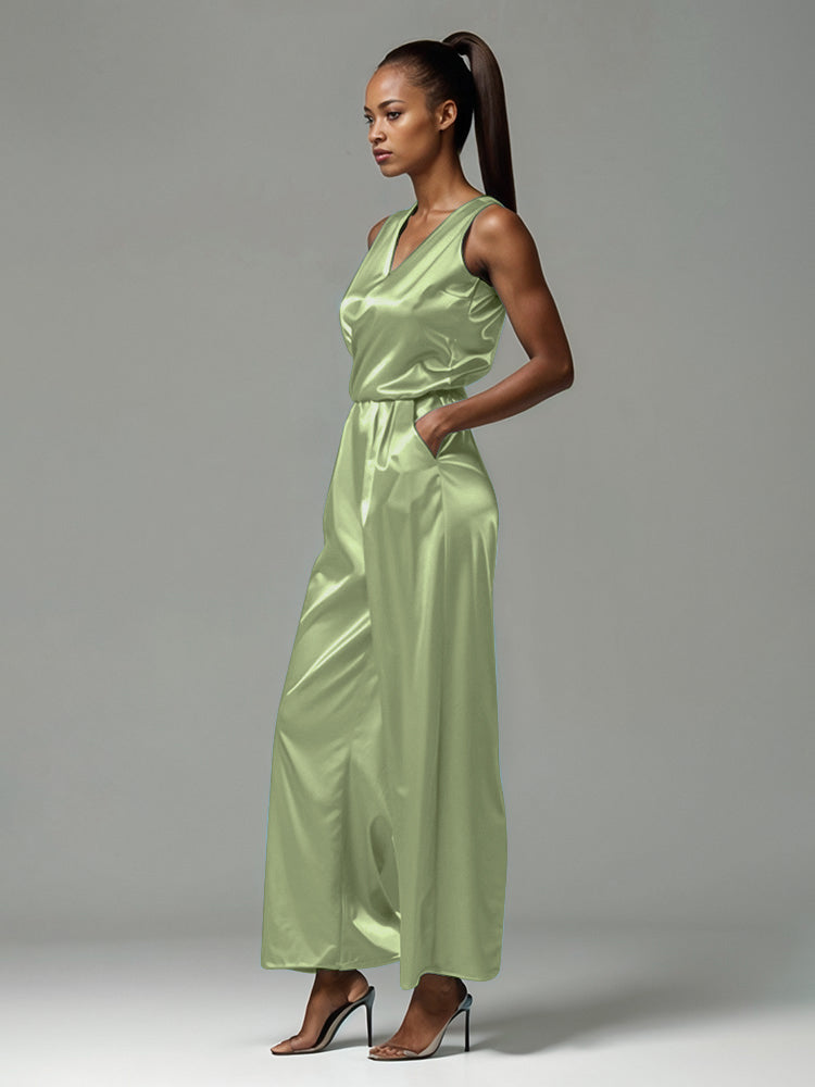 Jumpsuit/Hosenanzug V-Rücken ärmelloses weiches Satin Brautmutterkleider mit Krawatte