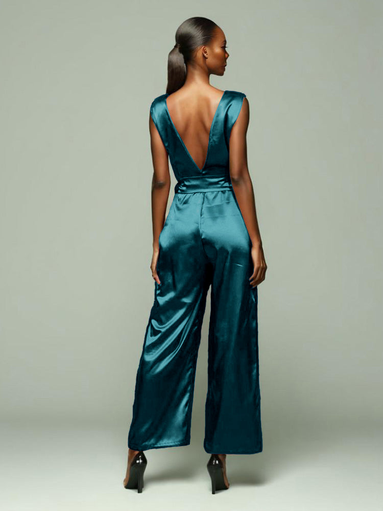 Jumpsuit/Hosenanzug V-Rücken Reißverschluss ärmelloses weiches Satin Brautmutterkleider mit Krawatte